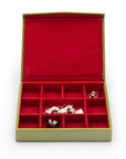 Large Leather Cufflink And Jewellery Box, Lime Green With Red, open