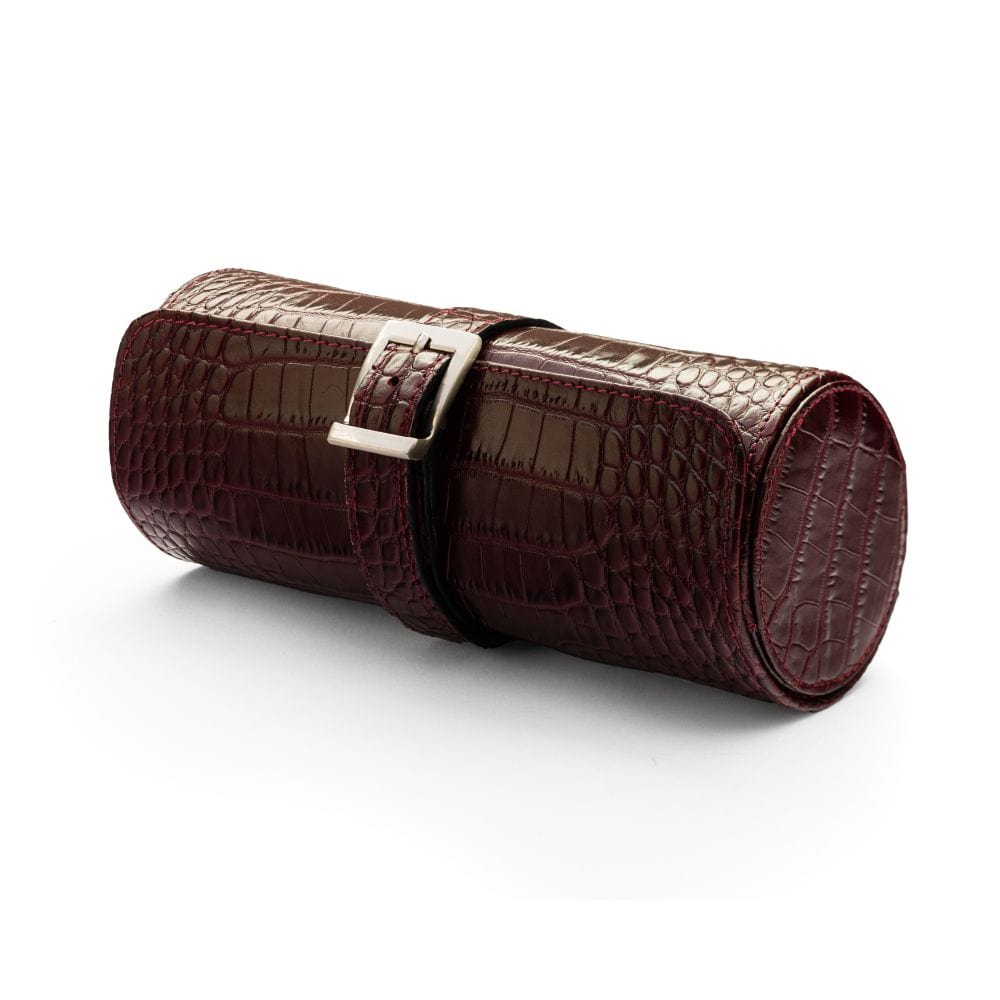 Large leather watch roll, burgundy croc, front
