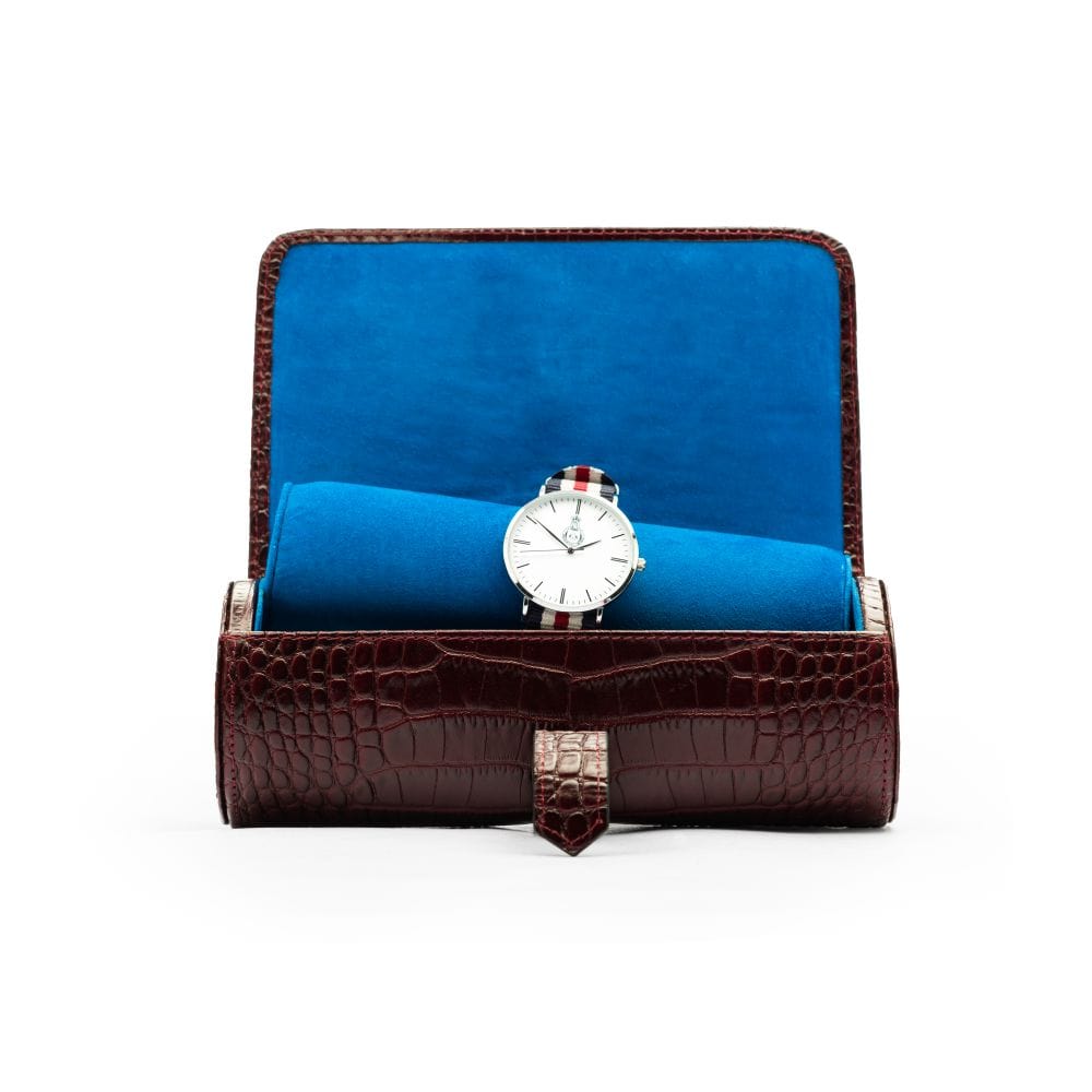 Large leather watch roll, burgundy croc, open