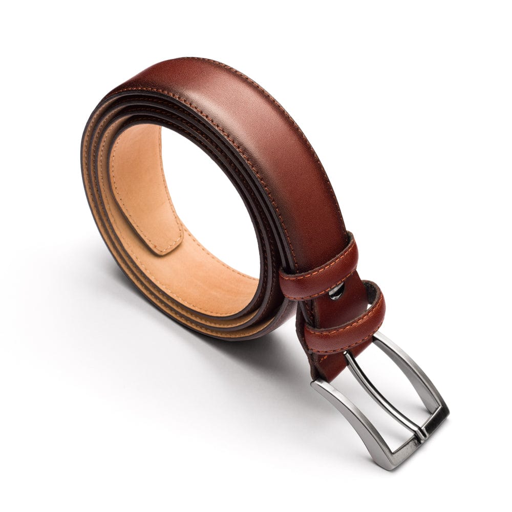 Men's burnished leather belt, dark tan, with silver buckle