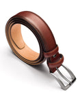Men's burnished leather belt, dark tan, with silver buckle