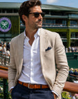 Men's burnished leather belt, tan, lifestyle view