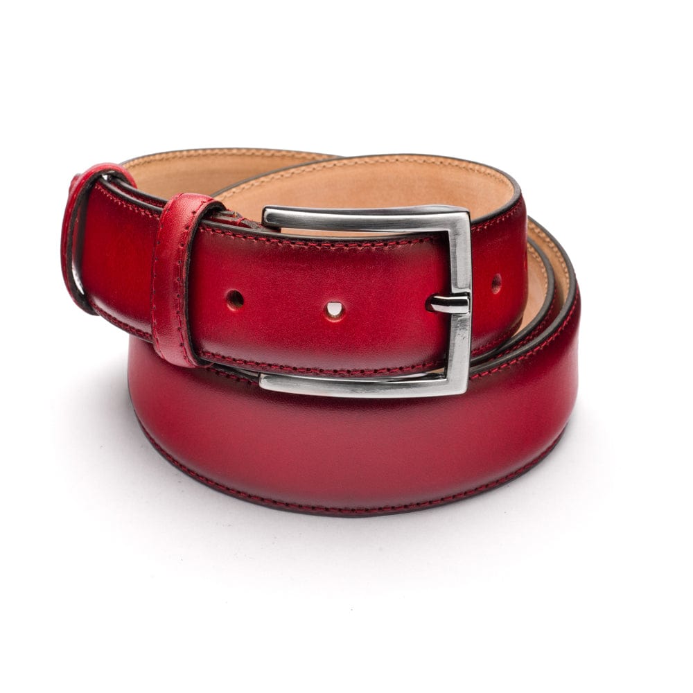 Men's burnished leather belt, red, front