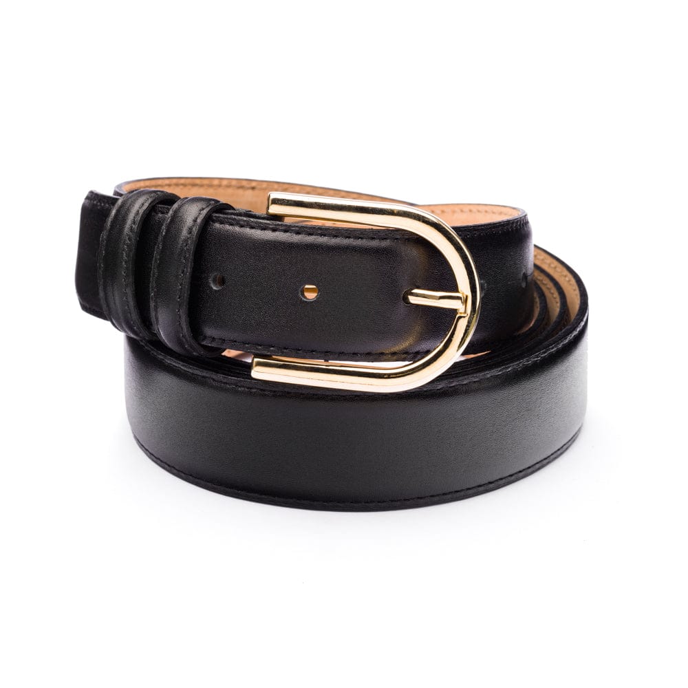 Mens extra long leather belt, black, front