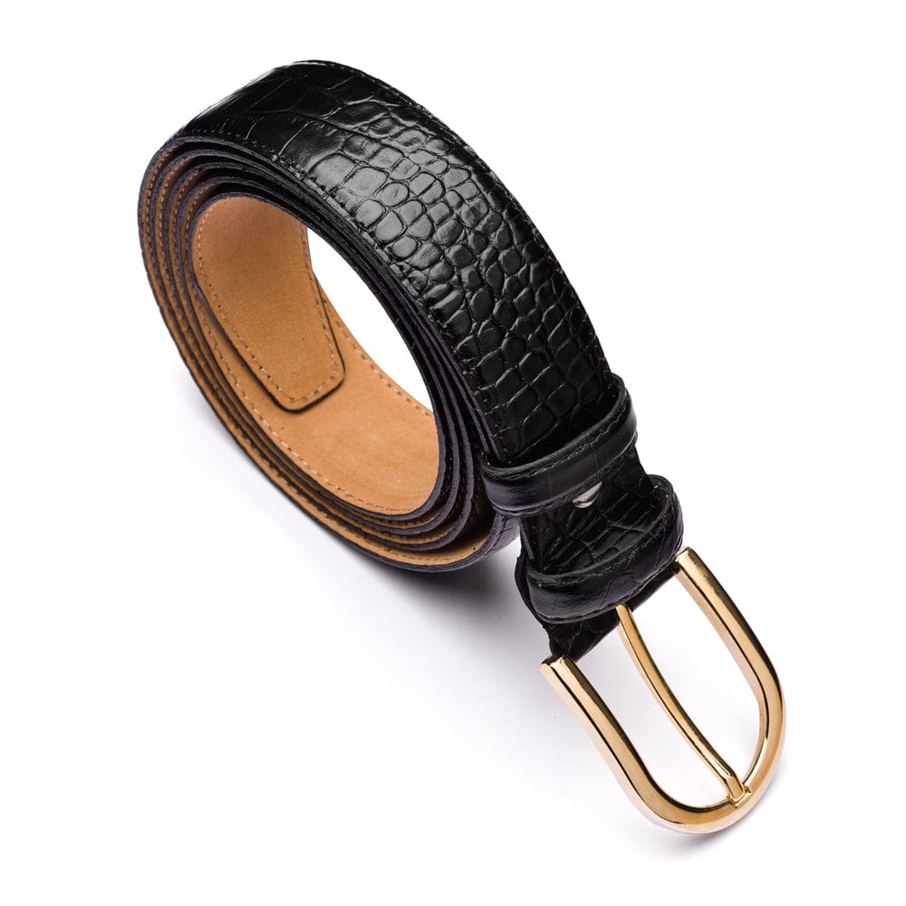 Mens extra long leather belt, black croc, gold buckle