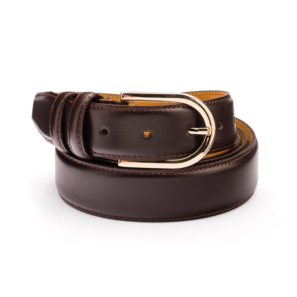 Mens extra long leather belt, brown, gold rounded buckle