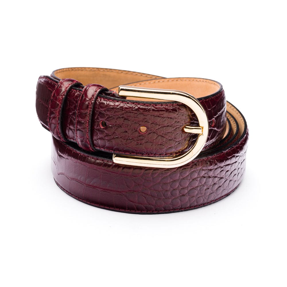 Mens extra long leather belt, burgundy croc, gold rounded buckle