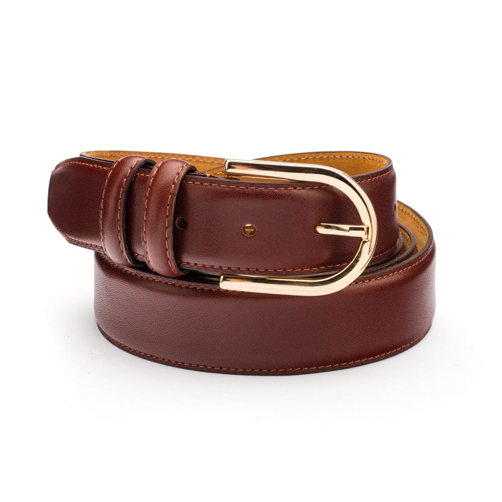 Mens extra long leather belt, dark tan, gold rounded buckle
