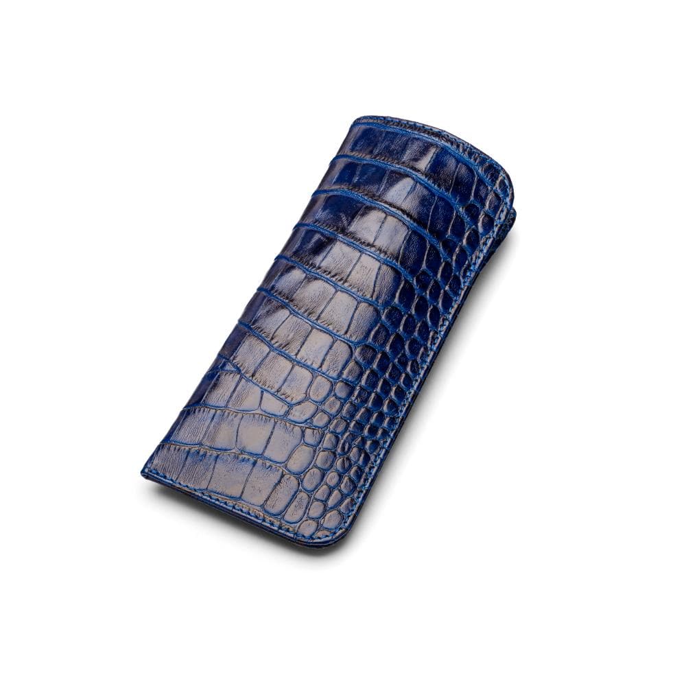 Large leather glasses case, midnight navy croc, back