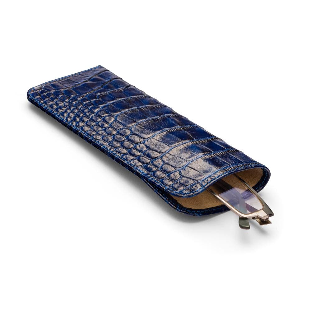 Large leather glasses case, midnight navy croc, front