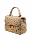 Small real python top handle bag, natural tan, side