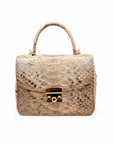 Small real python top handle bag, natural tan, front