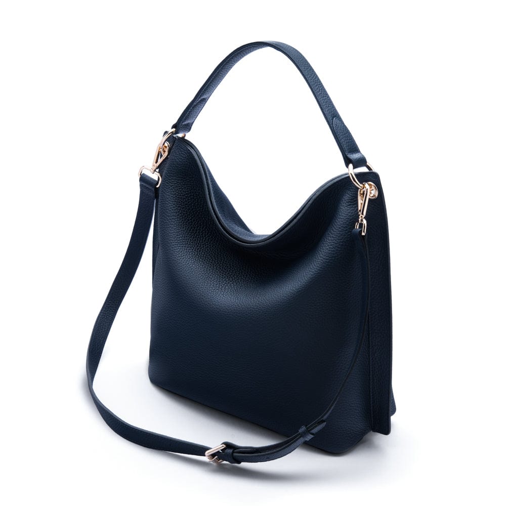 Carol Ann slouchy leather shoulder bag, navy, with both straps