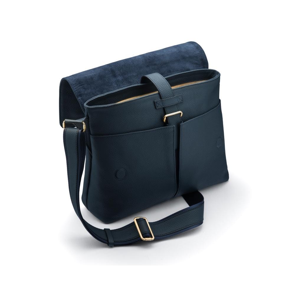 Navy blue and brown crossbody handbag.
