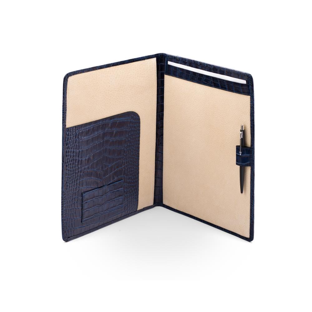 A4 leather document folder, navy croc, open