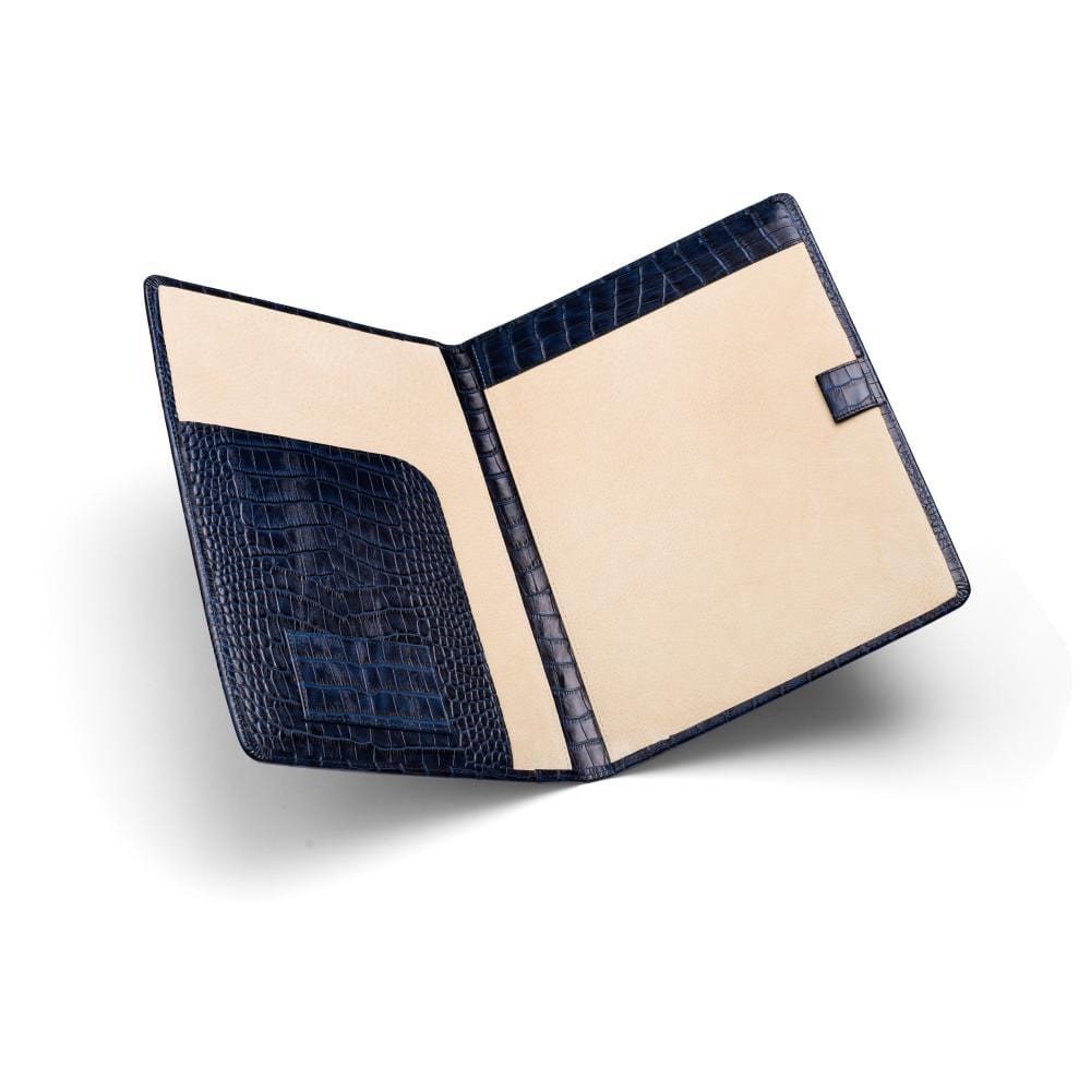 A4 leather document folder, navy croc, open view