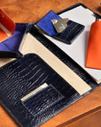 A4 leather document folder, navy croc, lifestyle view