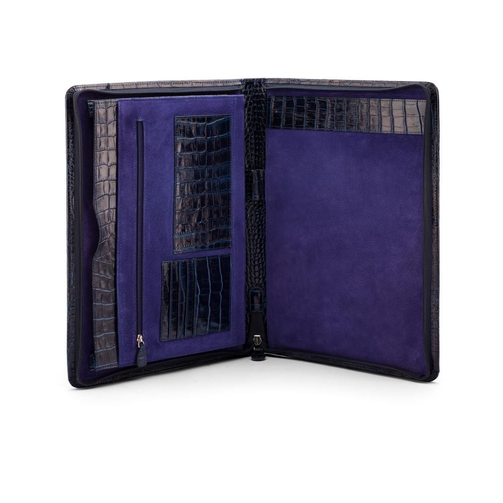 A4 leather notepad folder, navy croc, open