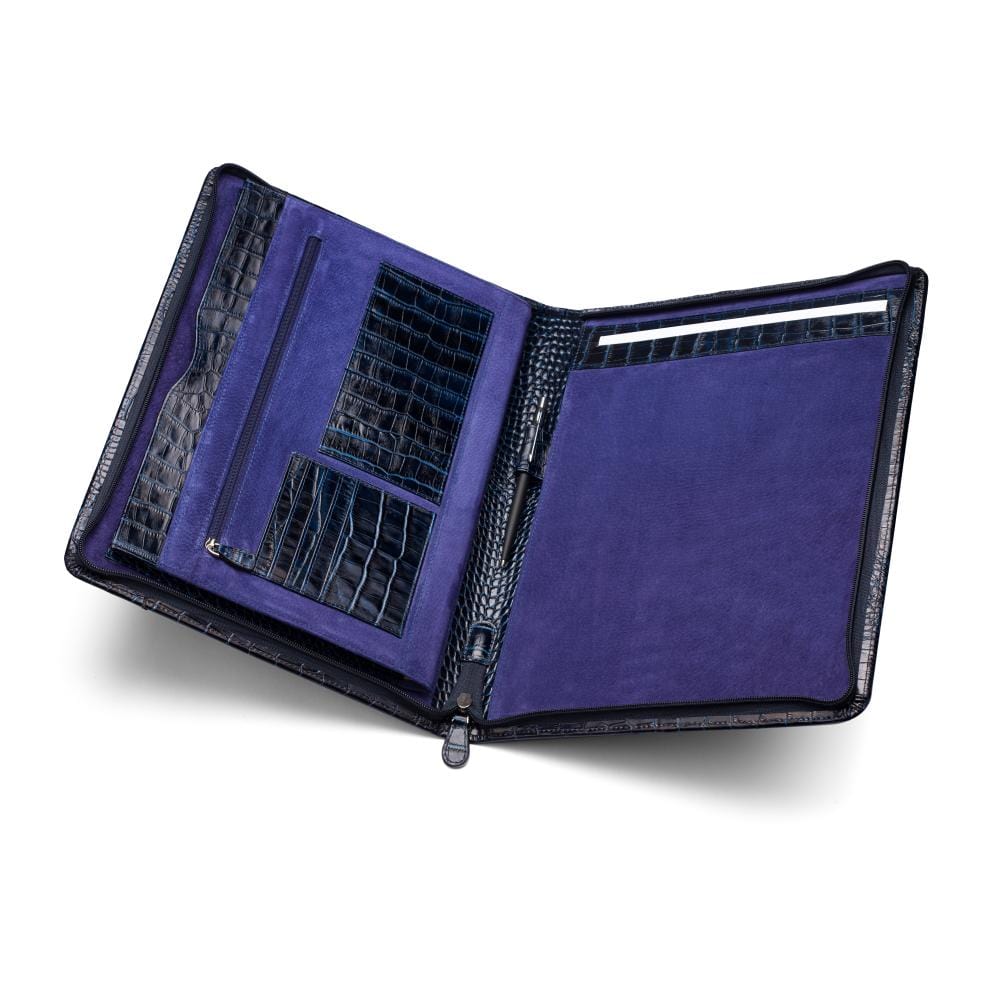 Leather A4 Zip Padfolio, Navy Croc | Document Cases | SageBrown