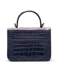 Small leather top handle bag, navy croc, back