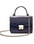 Small leather top handle bag, navy croc, with chain strap