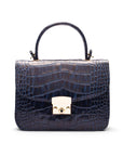 Small leather top handle bag, navy croc, front