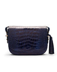 Leather saddle bag, navy croc, front
