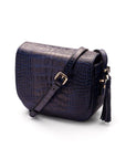 Leather saddle bag, navy croc, side