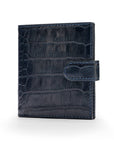 Compact leather RFID billfold wallet with tab, navy croc, front