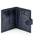Compact leather RFID billfold wallet with tab, navy croc, open view