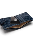 Compact leather RFID billfold wallet with tab, navy croc, inside