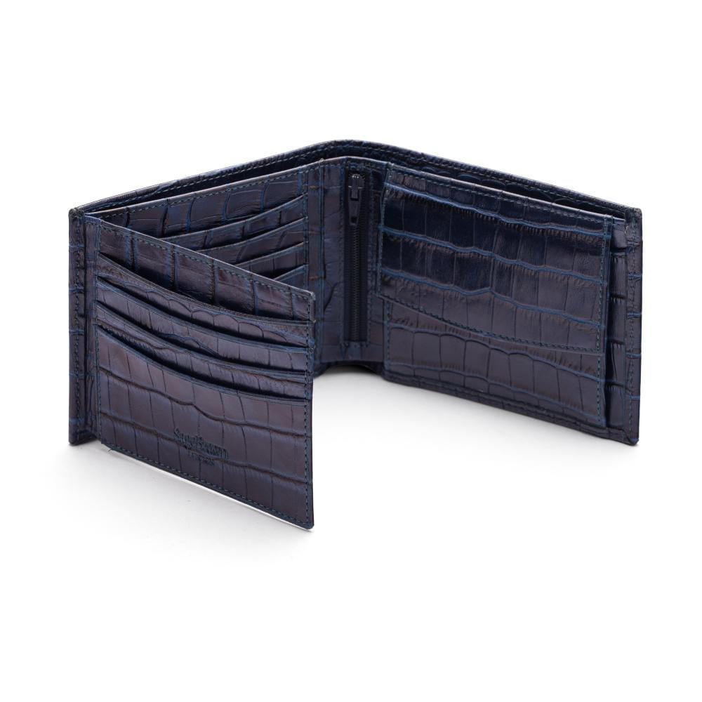 Leather coin wallet, navy croc, open
