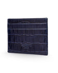 Flat leather credit card wallet 4 CC, navy croc, back view