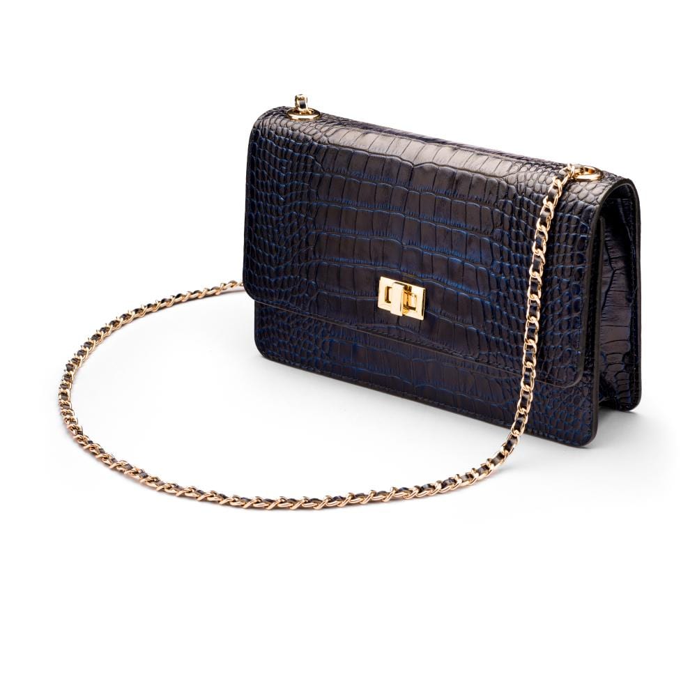 Leather Chain Bag, Navy Croc Shoulder Bags SageBrown