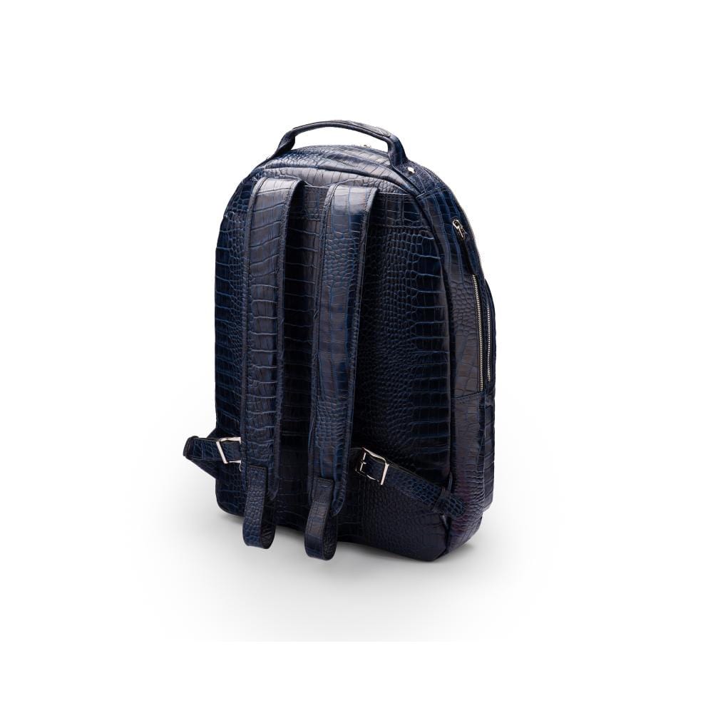 Men's leather 15" laptop backpack, navy croc, back view