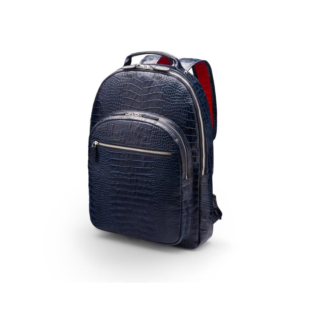 Men's leather 15" laptop backpack, navy croc, side