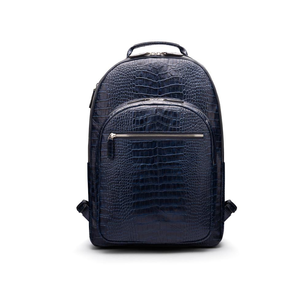Men's leather 15" laptop backpack, navy croc, front