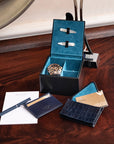 Leather business card envelope, navy croc, lifestyle