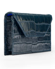Leather business card holder, navy croc, side
