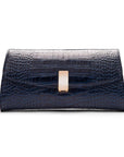 Leather clutch bag, navy croc, front view