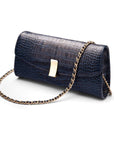 Leather clutch bag, navy croc, with long chain strap