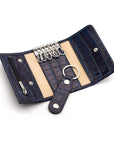 Leather key case, navy croc, open