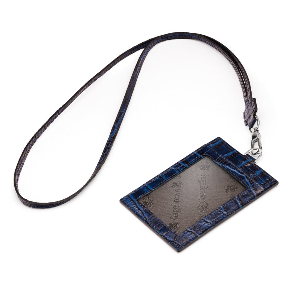 Leather Lanyard ID Card Holder, Navy Croc Card Holders SageBrown