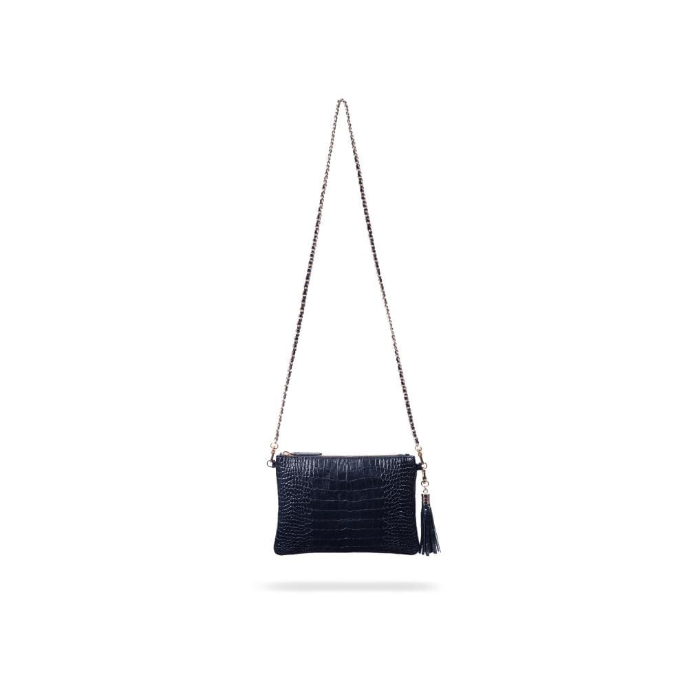 Leather cross body bag with chain strap, navy croc, with strap