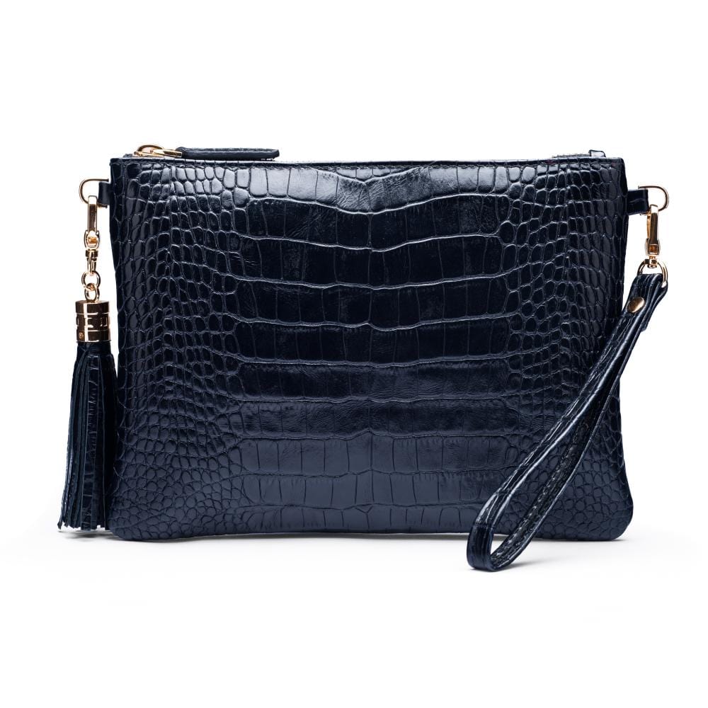 Leather cross body bag with chain strap, navy croc, front