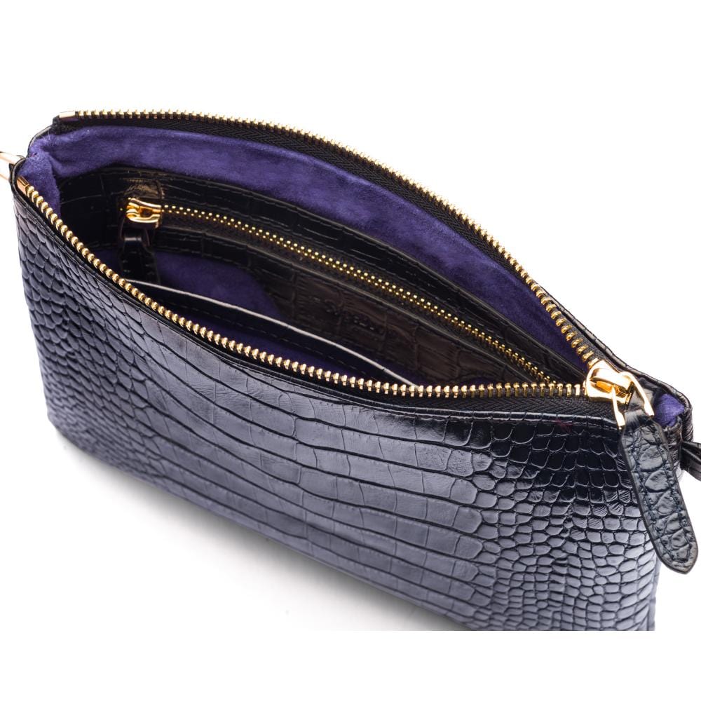 Leather cross body bag with chain strap, navy croc, inside