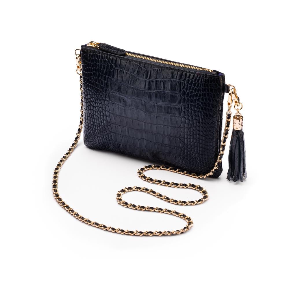 Leather cross body bag with chain strap, navy croc