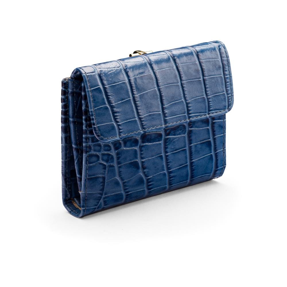 Leather purse with brass clasp, navy croc, coin purse