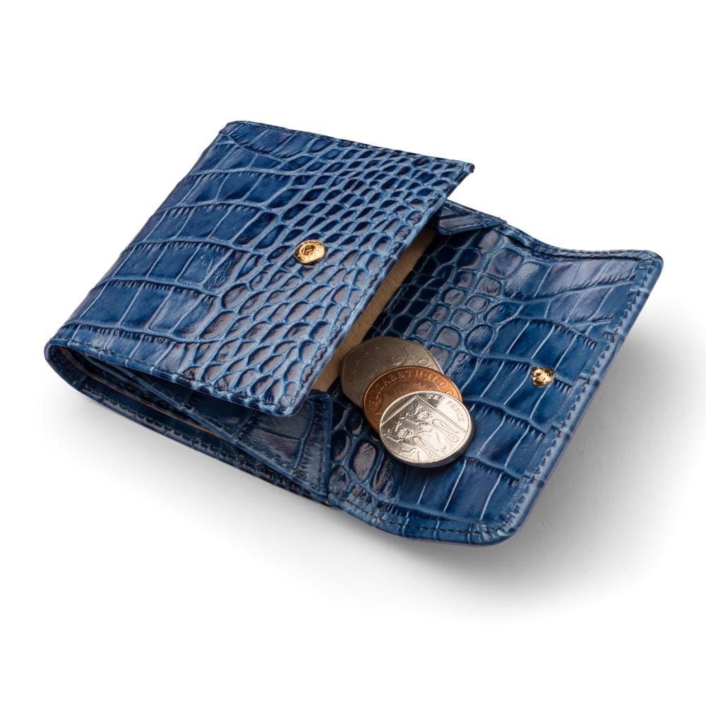 Leather purse with brass clasp, navy croc, open coin purse
