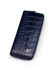Leather zip around triple pen case, navy croc, front